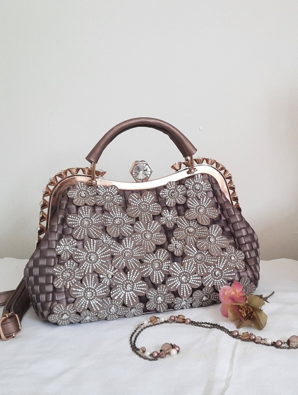 Taupe Satin Hand/Shoulder Bag, Gold Toned, Large Rhinestones, Flower Cutouts - Picture 1 of 6